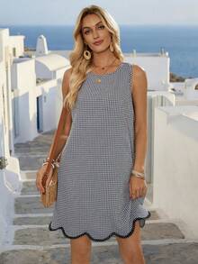 EMERY ROSE 女士度假风格子荷叶边圆领短裙 - 黑與白 - 查看 5