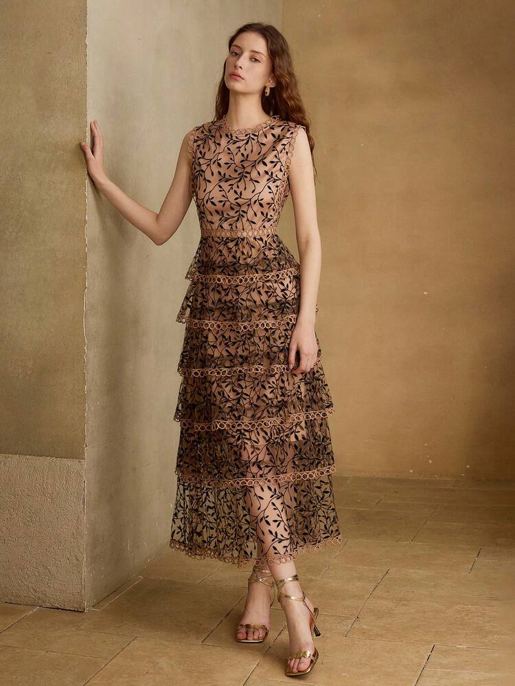 MESH OVERLAY LACE TRIM TIERED RUFFLE HEM DRESS MAXI WOMEN OUTFIT