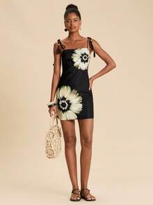 Travachic Women's Vacation Floral Print Spaghetti Strap Tassel Dress, Spring/Summer - Black - View 3
