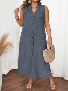 SHEIN LUNE CURVE Plus Size Women's Solid Color V-Neck Pocket Casual Party Dress - Grey - View 3