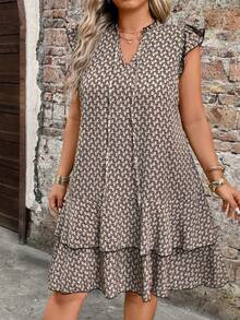 EMERY ROSE Plus Size V-Neck Ruched Flare Sleeve A-Line Mini Dress,Geometric Pattern,Casual Ruffled Hem Beige Summer Boho Vacation Holiday Beach Resort Women - Multicolor - View 1