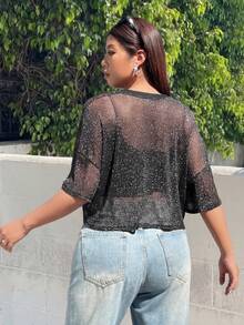 Muchica Áo chui đầu tay ngắn cổ tròn lưới lấp lánh cỡ lớn cho mùa hè - màu đen - Xem 2