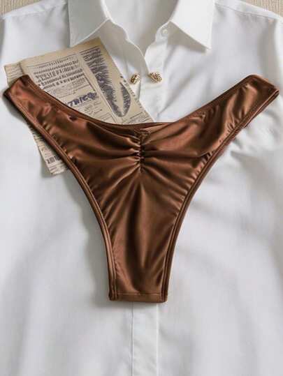 Swim Chiccia 2026 Hot Selling Women's One-Piece Vintage Sexy Elegant Romantic Ruched Design Bikini Bottom, Coffee Brown Earthy Tone, Beach/Date Wear