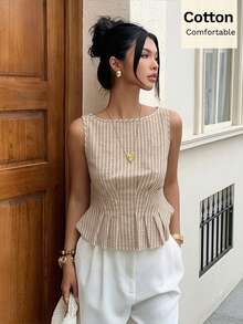 Siren Gaze Nouvelle chemise ajustée sans manches à rayures abricot pour femmes, printemps/été - Nude - Voir 2