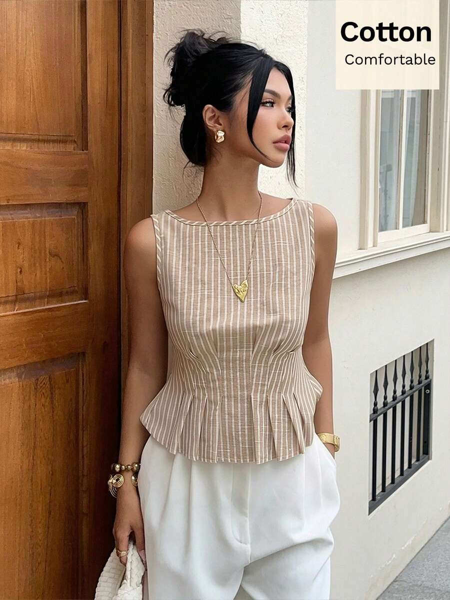 Siren Gaze Nouvelle chemise ajustée sans manches à rayures abricot pour femmes, printemps/été