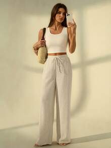 SHEIN Tall 女士纯色亚麻系带阔腿口袋纹理通勤裤复古风格亚麻裤宽松夏季女装沙滩度假裤女裤，工装裤 - 米色 - 查看 7