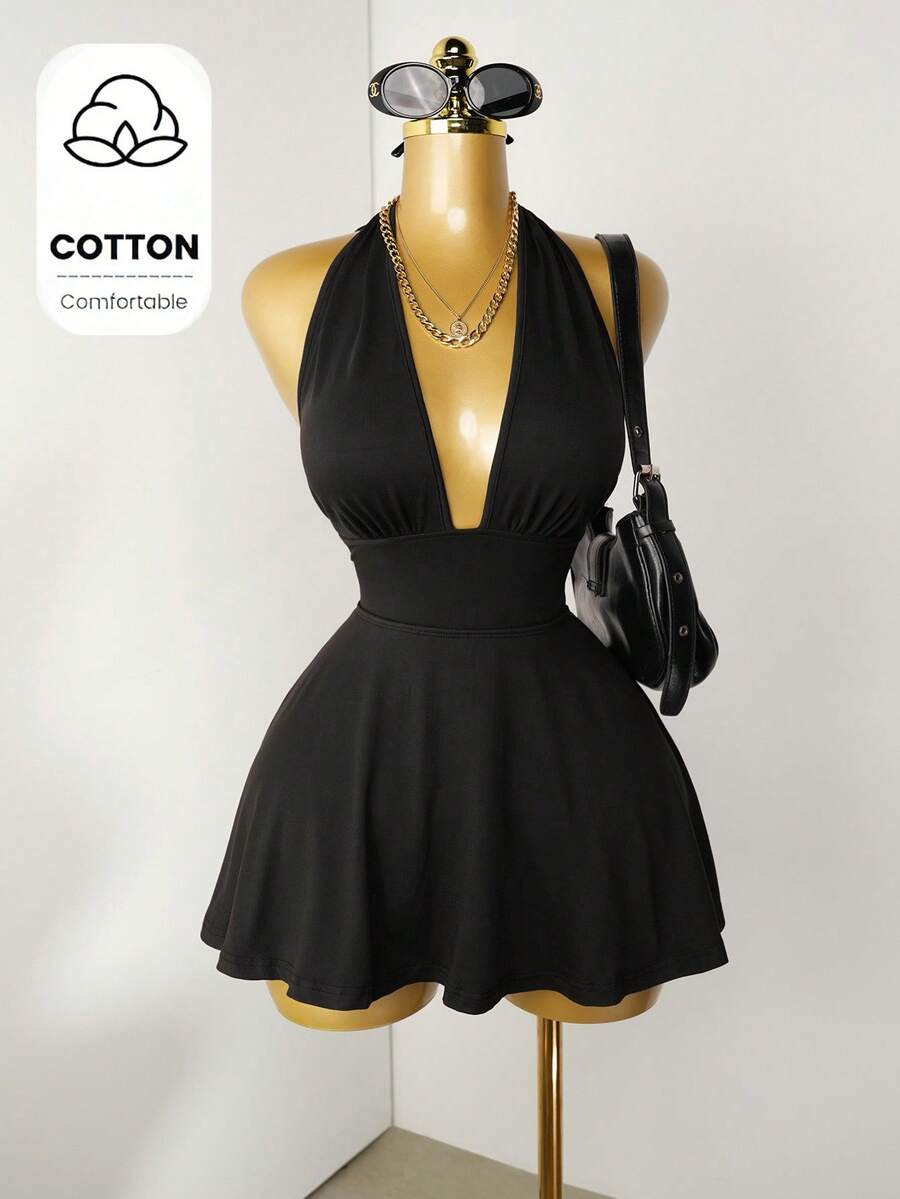 Mistrie Mono negro de verano para mujer, diseño de escote en V profundo y espalda descubierta, tela de mezcla de algodón cómoda y agradable a la piel, adecuado para salidas casuales de verano, té de la tarde, atuendo de verano para mujer - Negro - Ver 1