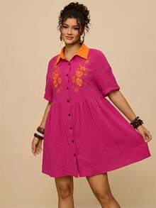 Travachic Gaun Patchwork Katun Kasual Ukuran Plus Motif Bunga Retro Bordir Hitam Kerah Kemeja Lengan Kelelawar - Hot Pink - View 4
