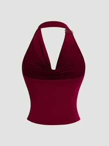 Sweetra Áo hai dây cổ yếm kiểu dáng tối giản, cổ khoét sâu, thích hợp mặc đi làm. - Cà phê nâu - Xem 2