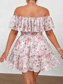 Sunnyshic Vestido de pastel con volantes y estampado floral romántico de hombros descubiertos - Rosa - Ver 2