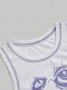 ROMWE Goth Summer Casual Eye Print Tank Top - White - View 3