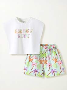 SHEIN 儿童/青少年女孩卡通棕榈树印花T恤短裤套装，休闲运动装，字母图案T恤+沙滩短裤，户外旅行海滩度假日常穿着，两件套，新品上市 - 彩色 - 查看 3