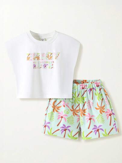 SHEIN Casuvi Kids Conjunto de camiseta y pantalones cortos con estampado de palmeras de dibujos animados para niñas preadolescentes, conjunto deportivo casual, camiseta gráfica + pantalones cortos de playa, para uso diario, vacaciones de playa y viajes al aire libre, conjunto de 2 piezas, nueva llegada