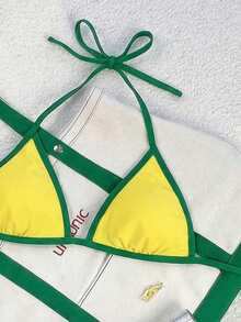 Vaytide 2026春夏女士泳衣，吊带露背蓝白撞色性感度假侧系带丁字裤比基尼套装 - 黃色 - 查看 3