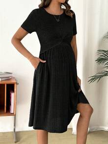 SHEIN Maternity Solid Color Round Neck Short Sleeve Twist Design Nursing Dress - Black - View 6