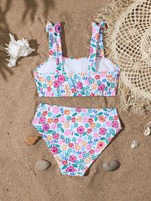 SHEIN Tween Girls Cute White Ditsy Floral Bikini Sets,Knit Bow Straps Two Piece Bathing Suits For Summer Vacation,Pool Party,Holiday Beach Kids Swimwear - Multicolor - View 2