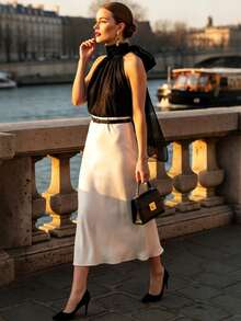 Balvessa Women's Elegant Contrast Color Ribbon Sleeveless Top + Satin Mini Skirt 2 Pieces Set - Black and White - View 3