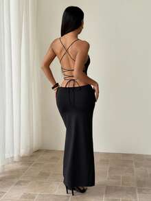 SHEIN PETITE Đầm midi nữ thanh lịch hở lưng, thắt eo, xẻ tà - màu đen - Xem 3