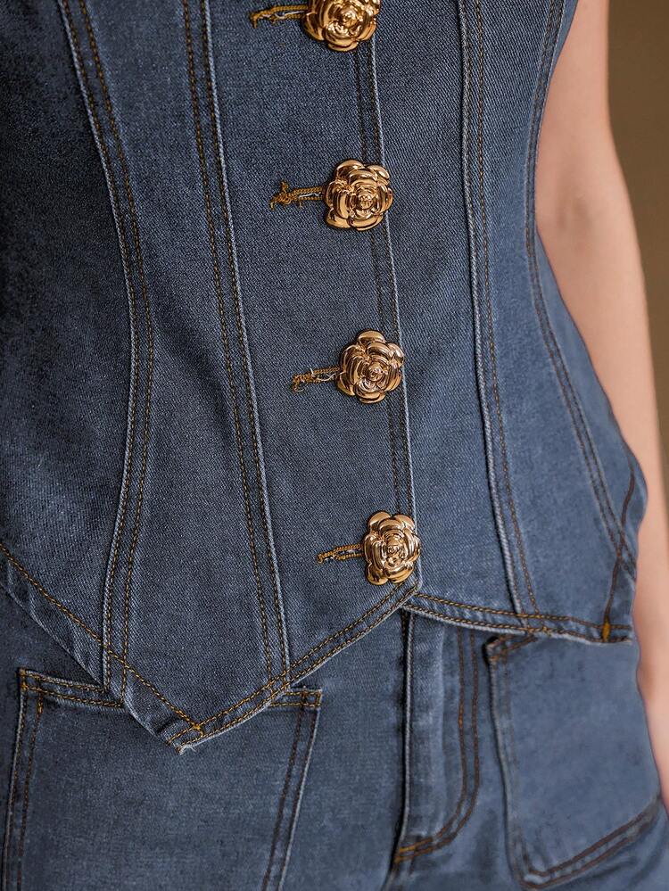 WOMEN'S DENIM METAL BUCKLE DECOR 2 PIECES SET, SPRING/SUMMER