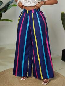 Maweii Pantalones anchos de rayas coloridas para mujer de talla grande, para uso casual, diario y de vacaciones, para primavera/verano - Multicolor - Ver 4