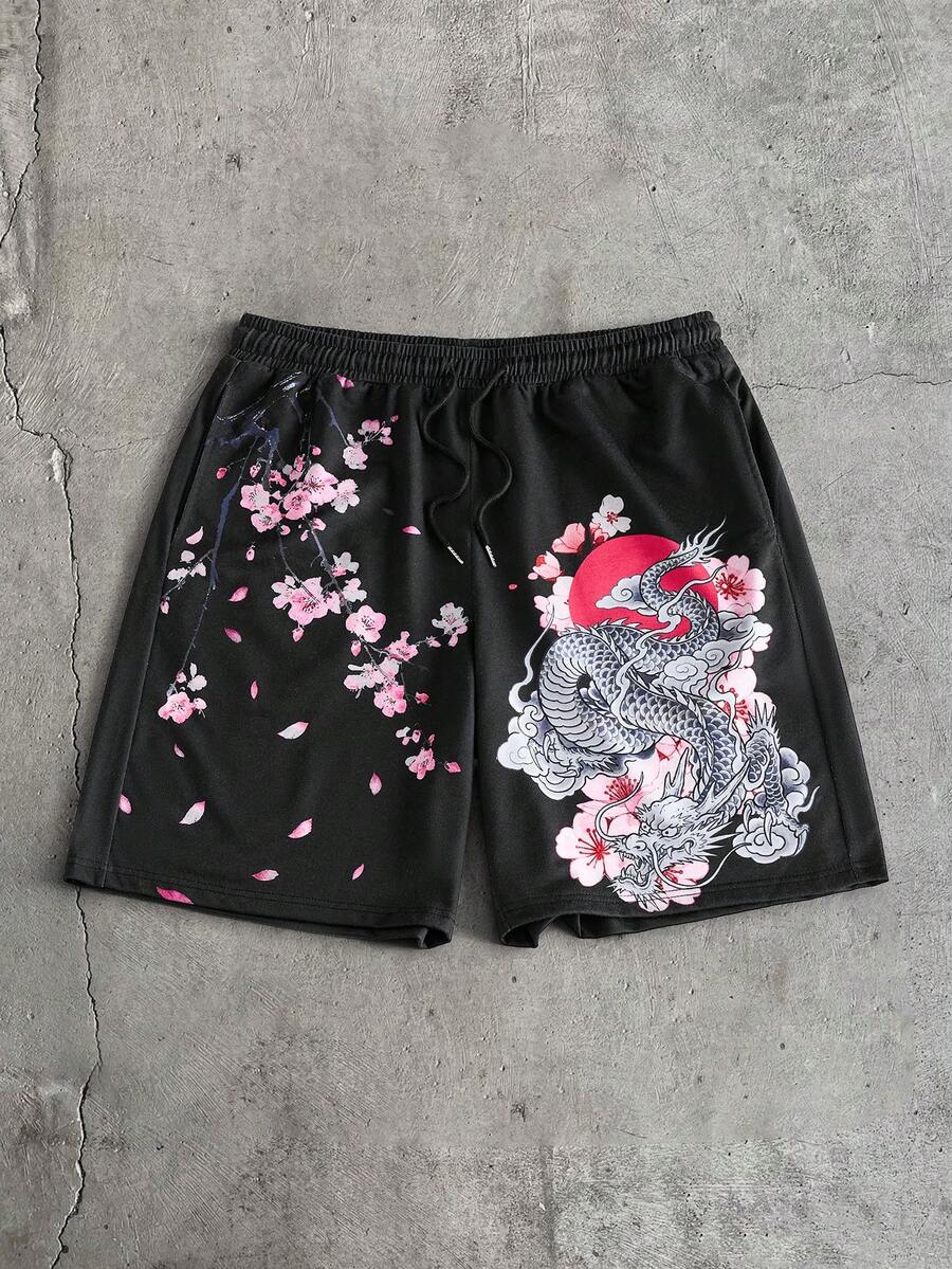 AXEPEAK Quần short nam đa năng in họa tiết hoa và rồng, có túi, cạp chun điều chỉnh. - màu đen - Xem 1