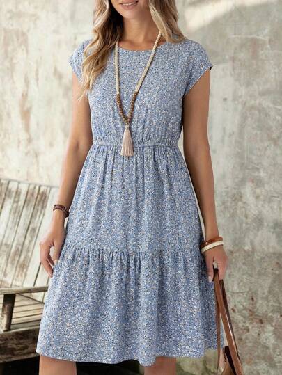 EMERY ROSE Women's Summer Vacation Ditsy Floral Cap Sleeve Waist Cinched Ruffle Hem Dress