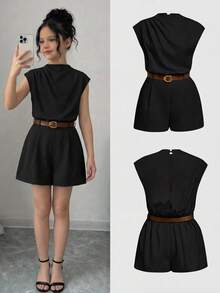 SHEIN Tween Girls Bodysuits & Jumpsuits HIGH NECK SOLID POCKET JUMPSUIT WITH BELT - Black - View 3