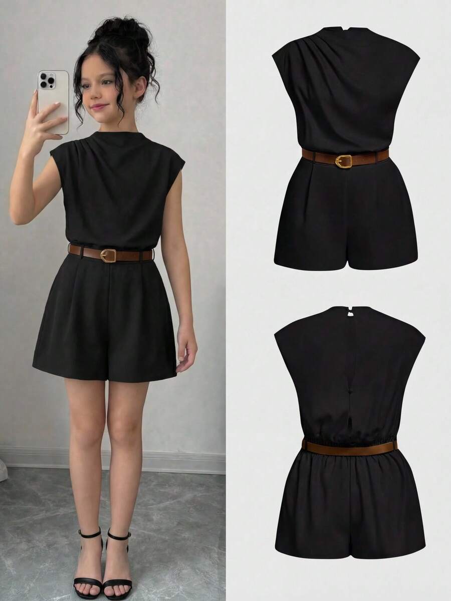 SHEIN Tween Girls Bodysuits & Jumpsuits HIGH NECK SOLID POCKET JUMPSUIT WITH BELT - Black - View 1