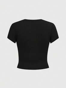 ROMWE Goth 哥特式植物园蘑菇、太阳、月亮、星星、嬉皮骷髅、蝙蝠、飞蛾、蝴蝶、玫瑰花图案女式T恤，适合情人节、春夏穿着。 - 黑色 - 查看 2