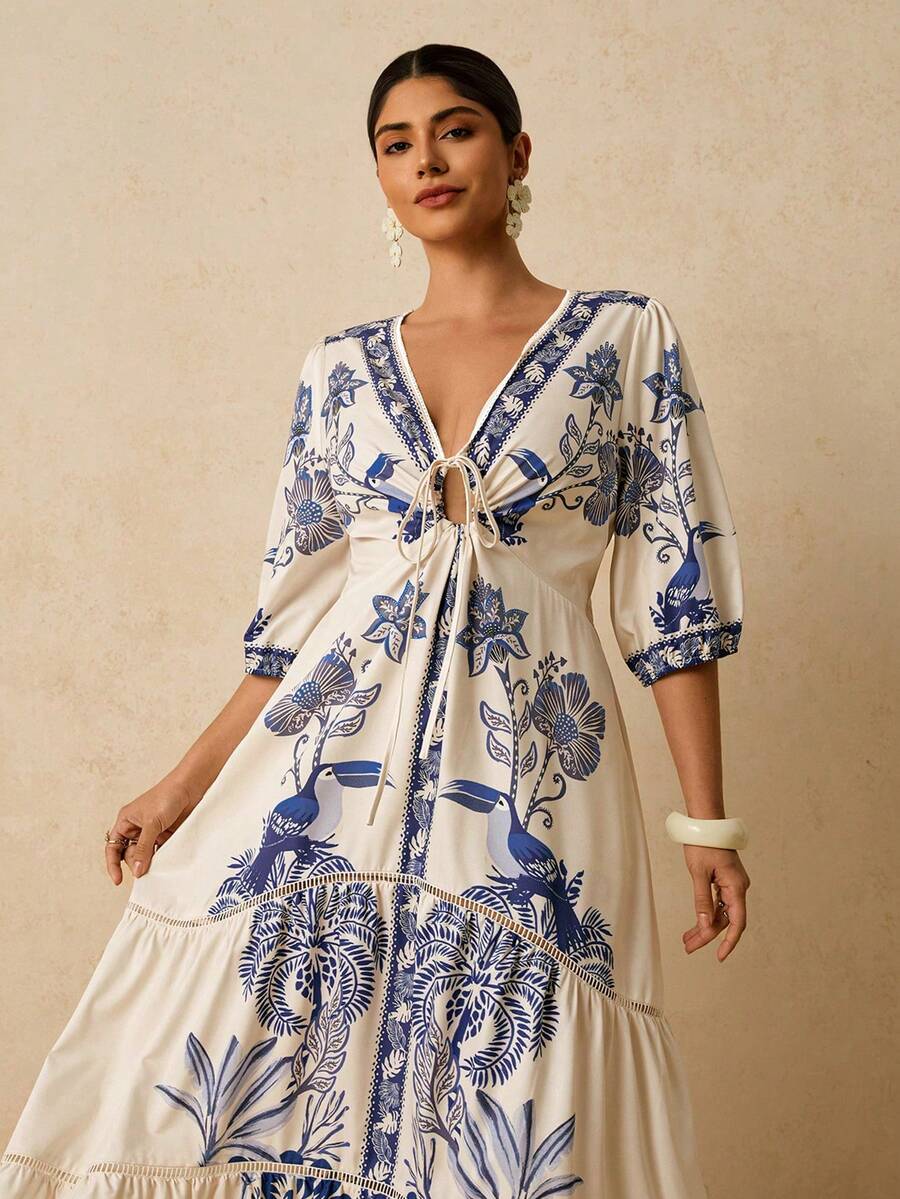 Travachic 大码女式蓝白碎花印花长款连衣裙，V领中袖浪漫度假连衣裙，蕾丝边饰长款连衣裙 - 藍白色 - 查看 1