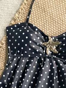 SHEIN Bộ đồ bơi tankini cổ yếm in chấm bi đen trắng dành cho bé gái tuổi teen, trang trí khóa kim loại. - Đen và trắng - Xem 3