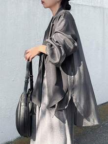 FRIFUL Áo blazer nữ tối giản kiểu dáng công sở cổ ve áo tay phồng cài hai hàng khuy - Xám - Xem 5
