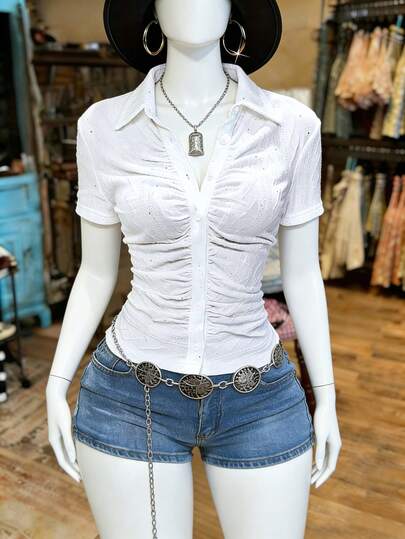 Glyssa Áo khoác cardigan nữ mùa hè dáng ôm, họa tiết vintage mới, xếp ly, màu trơn tối giản, thanh lịch, phù hợp cho trang phục công sở, đi làm. Áo thun tay ngắn màu trắng.