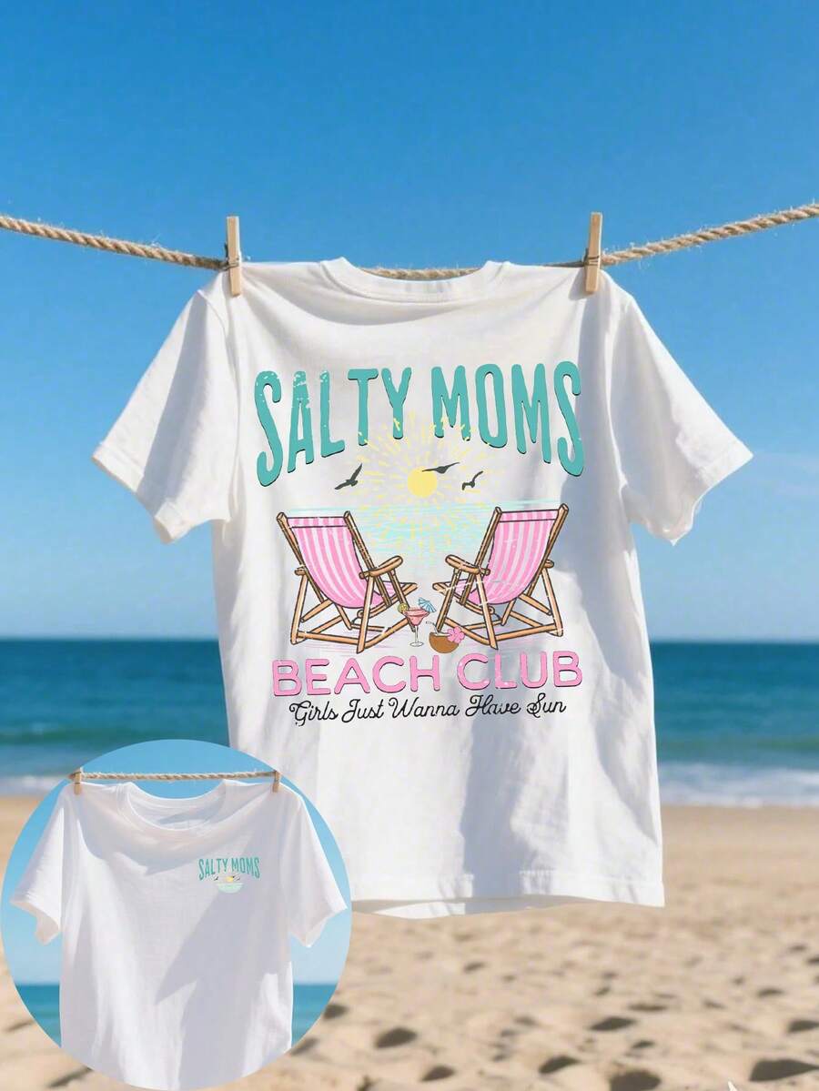 INAWLY Salty Moms Beach Club Print Summer Vacation T-Shirt - White - View 1