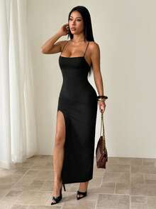 SHEIN PETITE Đầm midi nữ thanh lịch hở lưng, thắt eo, xẻ tà - màu đen - Xem 7