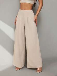 SHEIN PETITE Quần nữ ống rộng xếp ly cạp cao có khóa kéo, màu đỏ cà tím, kiểu dáng thanh lịch, thường ngày, phù hợp đi làm, đi học, đi làm công sở. - Màu Khaki - Xem 6