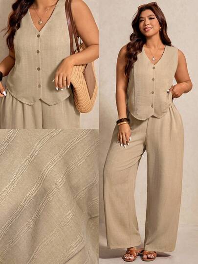 Elaquor Bộ đồ 2 mảnh cỡ lớn, màu trơn, cổ chữ V, không tay, dáng rộng, thích hợp mặc hàng ngày vào mùa hè.