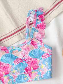 SHEIN Young Girl Summer Beach Shell Print Ruffle Trim Bikini Set - Blue - View 5
