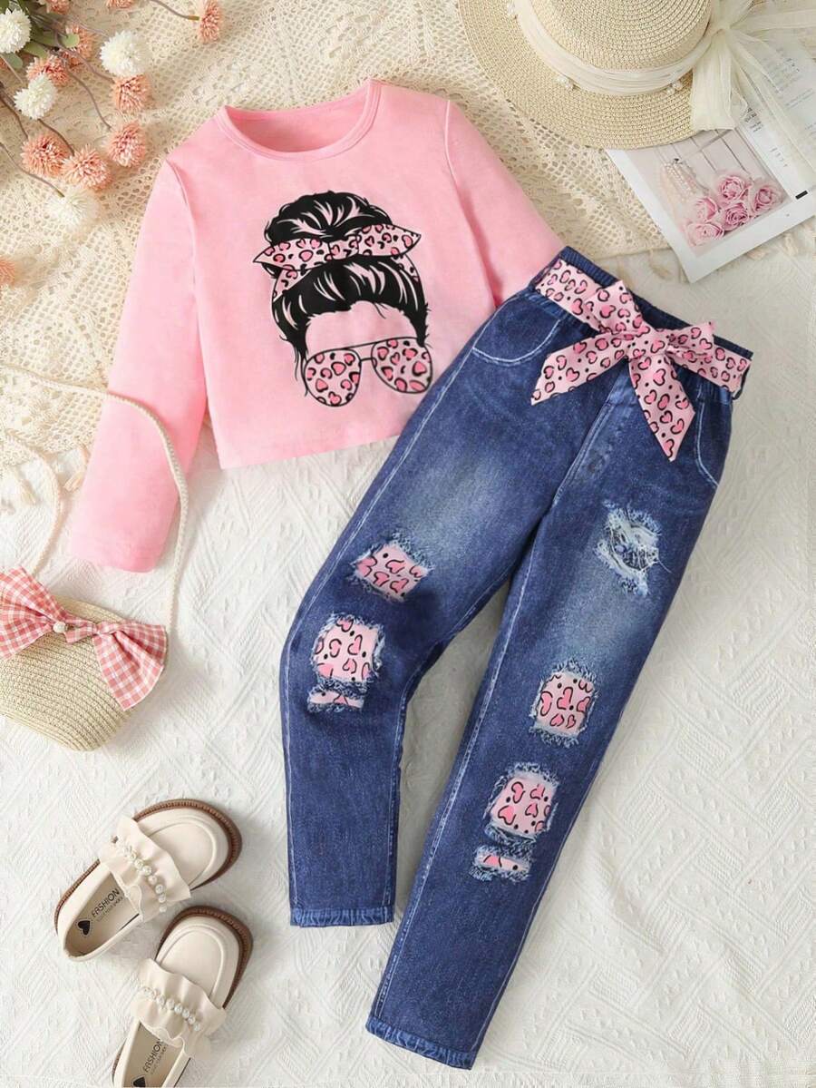 SHEIN Elladie kids 女大童人像圖案T恤&牛仔效果印花腰帶長褲 - 粉色 - 查看 1