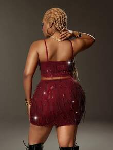 Maweii Conjunto de 2 Peças Regata com Lantejoulas e Franjas & Minissaia Plus Size Feminino, Bordô, Verão, Anos 70, Noite na Balada, Festa, Férias, Look Harlem Nights - Vinho - Visão 3