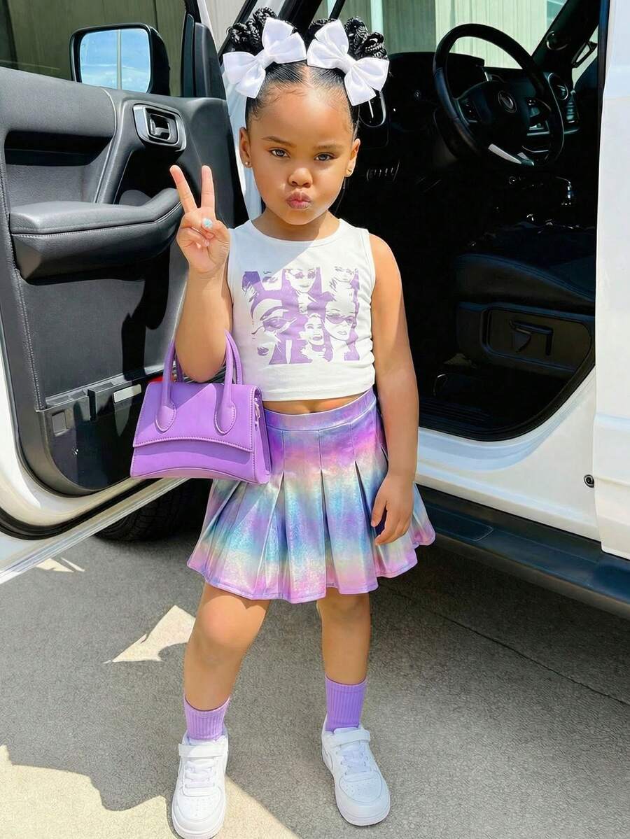 2pcs/Set Young Girls' White Printed Tank Top+Colorful Laser Holographic Pleated Skirt,Summer Casual Fashionable Versatile For Party Outing Vacation - Multicolor - View 1