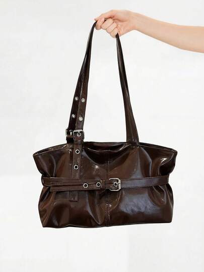 ROMWE Grunge Punk 1pc Vintage Large Capacity Tote Bag, Commuter Oversized Underarm Bag, Fashionable Motorcycle Handbag For Women, PU Solid Color Oiled Wax Leather, Strap Decor, Zipper Closure, Ladies Shoulder Bag For Work, School, Travel, Shopping, Business, Suitable For Daily Use
