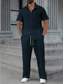 Manfinity Homme Conjunto de 2 piezas de camisa y pantalones de unicolor casual para hombres de talla grande, para verano - Azul Marino - Ver 5