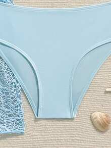 SHEIN Bộ bikini hai dây cho bé gái tuổi teen, gồm áo hai dây, quần tam giác, áo tay loe thắt nút và quần ống rộng, thích hợp cho kỳ nghỉ. - Màu xanh lam - Xem 3