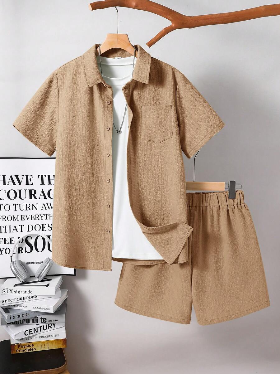 SHEIN 2pcs Teenage Boys' Casual Comfortable Textured Knit Short Sleeve Shirt And Shorts Set, Spring Wear - Khaki - View 1