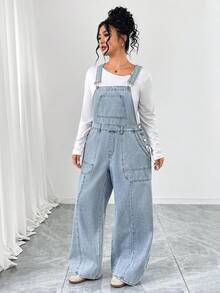 Elenzga Plus Size Women's Elegant & Comfortable Light Blue Non-Stretch Denim Bib Pants, Summer - Light Wash - View 4