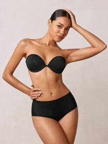 Veilyse Solid Color Strapless Bandeau Bra, BC Cup, Lift & Enhance Backless Invisible Brafor Summerfor Summer - Black - View 4