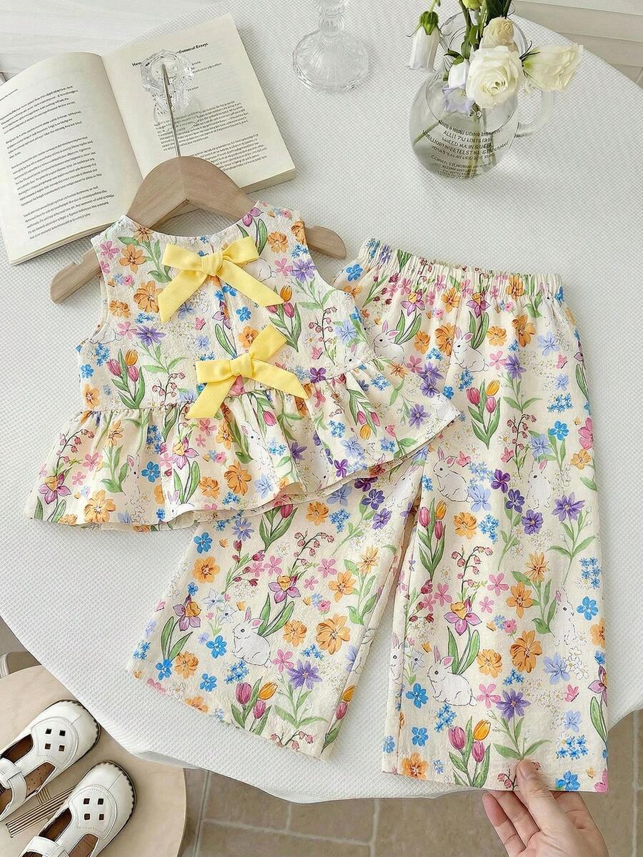 LMoss Kids 2件套女婴碎花编织休闲背心和裤子套装 - 彩色 - 查看 1