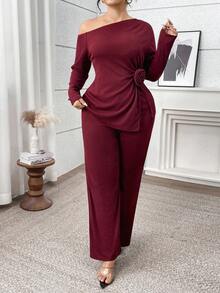 Modelyn Plus Size Women Solid Color Oblique Shoulder Long Sleeve Floral Decor Top And Pants Elegant 2 Pieces Set - Burgundy - View 6