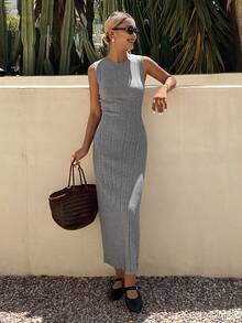 Livesso 夏季度假装扮 圆领修身无袖女式毛衣连衣裙 - 淺灰色 - 查看 5